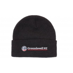 black acrylic beanie with colour groundswell embroidery