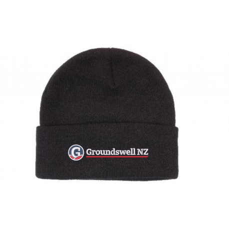 black acrylic beanie with colour groundswell embroidery